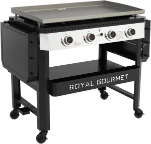 Royal Gourmet GB4007 4 Burner Propane Gas Griddle with Folding Side Tables, 34-Inch Flat Top Grill with 52,000 BTUs Output for Outdoor Cooking like Camping or Tailgating, Black & Silver