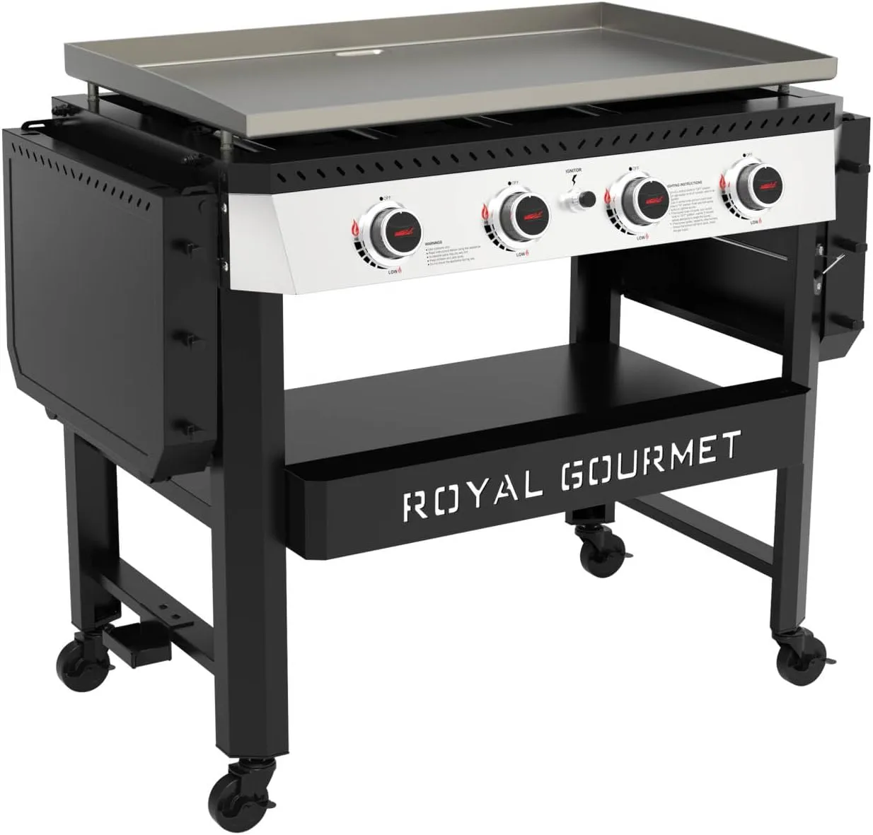 Royal Gourmet GB4007 4 Burner Propane Gas Griddle with Folding Side Tables, 34-Inch Flat Top Grill with 52,000 BTUs Output for Outdoor Cooking like Camping or Tailgating, Black & Silver