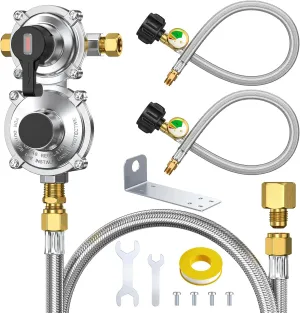 RV Propane Regulator 2 Tank 18" Hoses with 48" Stainless Braided Extension Hoses, 2-Stage Manual Changeover LP Propane Gas Regulator with Gauge for RVs Vans Trailers Campers