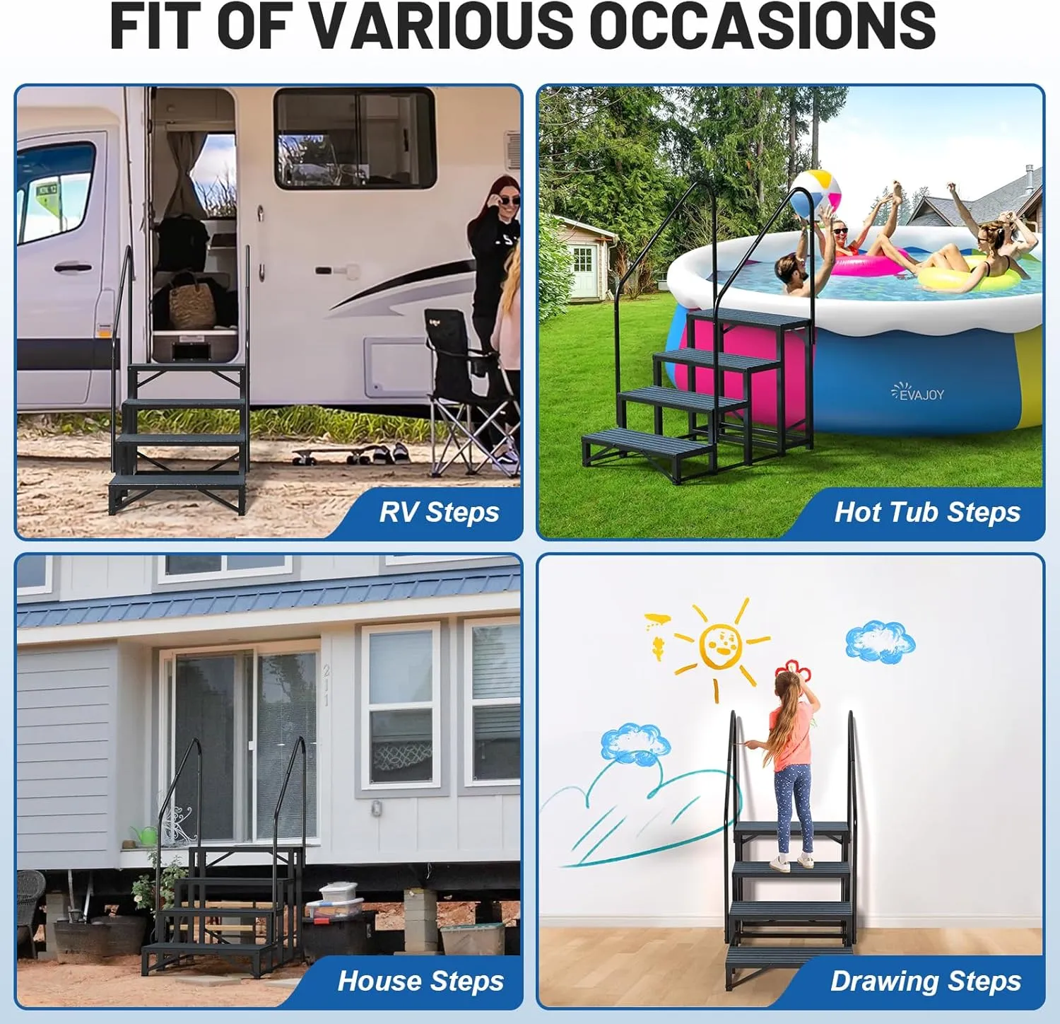 RV Steps Spa Steps with Handrail - Hot Tub Steps Trailer Steps Mobile Home Stairs for 5th Wheel RV, Trailer, Hot Tub, Pool, Porch with Non-Slip Mats
