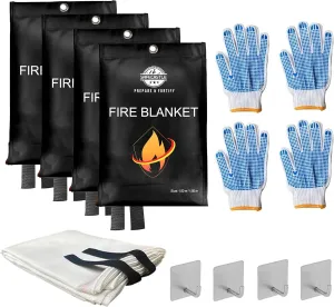 SAFECASTLE Emergency Fire Blanket 59"x59" Large Size, 4 Pack   4 Hooks & 4 Gloves Fire Retardant Blanket with Fireproof Tabs for Home, Outdoor, Office, Car and Camping Fire Protection Survival Safety