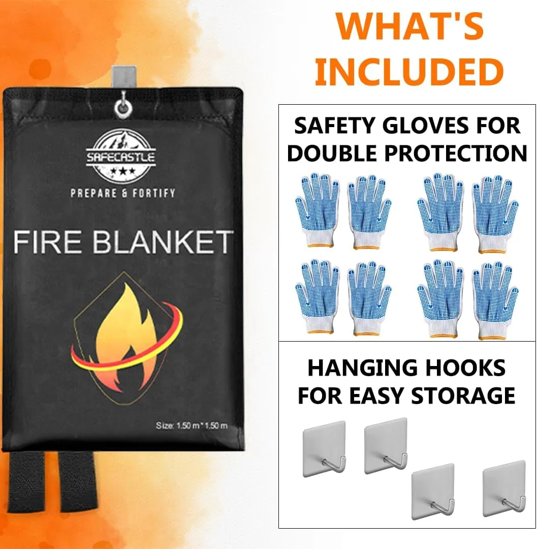 SAFECASTLE Emergency Fire Blanket 59"x59" Large Size, 4 Pack   4 Hooks & 4 Gloves Fire Retardant Blanket with Fireproof Tabs for Home, Outdoor, Office, Car and Camping Fire Protection Survival Safety