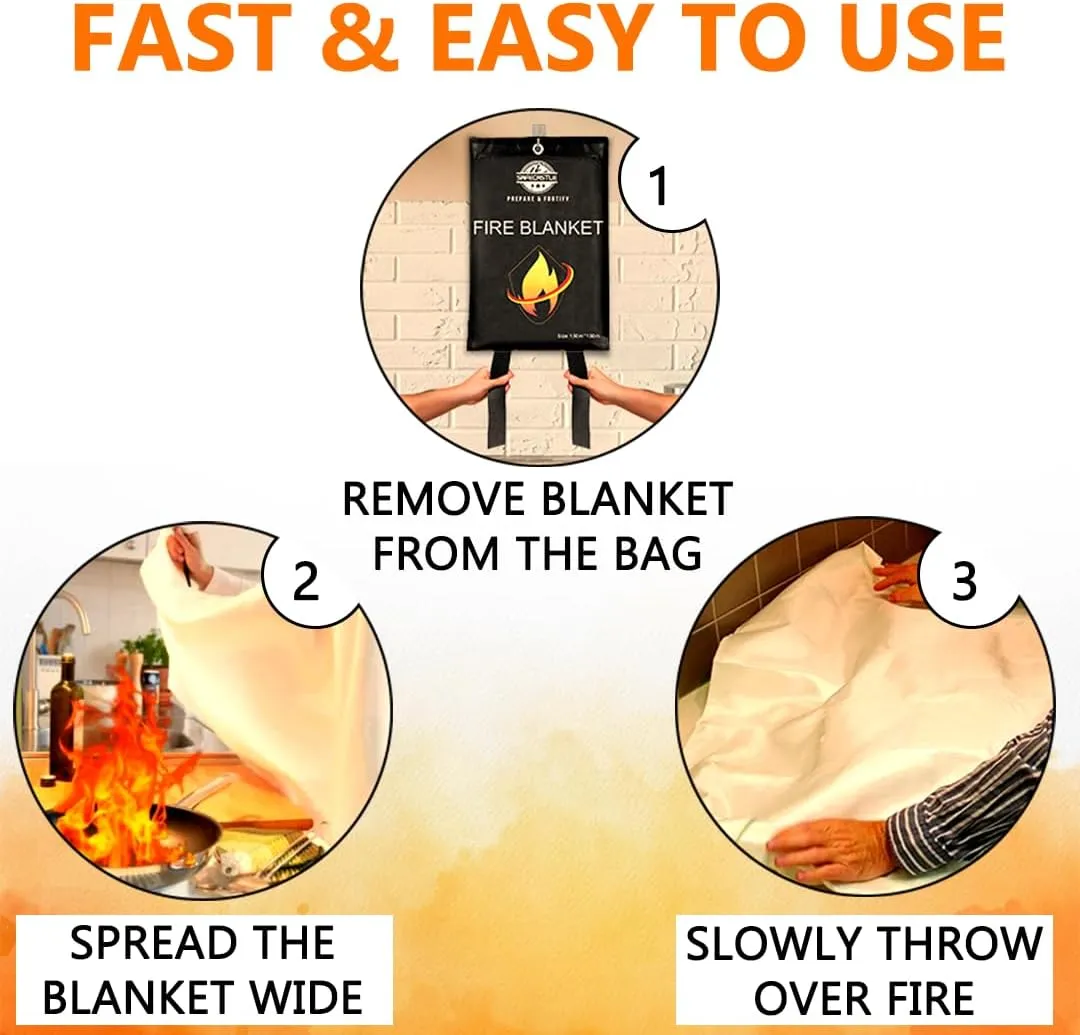 SAFECASTLE Emergency Fire Blanket 59"x59" Large Size, 4 Pack   4 Hooks & 4 Gloves Fire Retardant Blanket with Fireproof Tabs for Home, Outdoor, Office, Car and Camping Fire Protection Survival Safety