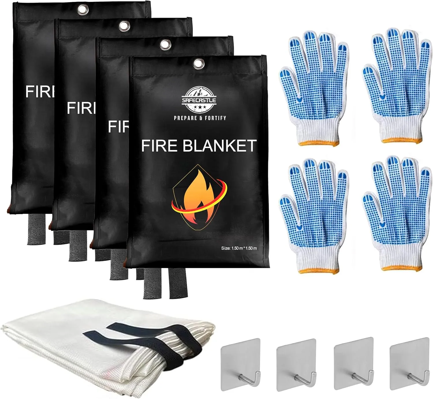 SAFECASTLE Emergency Fire Blanket 59"x59" Large Size, 4 Pack   4 Hooks & 4 Gloves Fire Retardant Blanket with Fireproof Tabs for Home, Outdoor, Office, Car and Camping Fire Protection Survival Safety