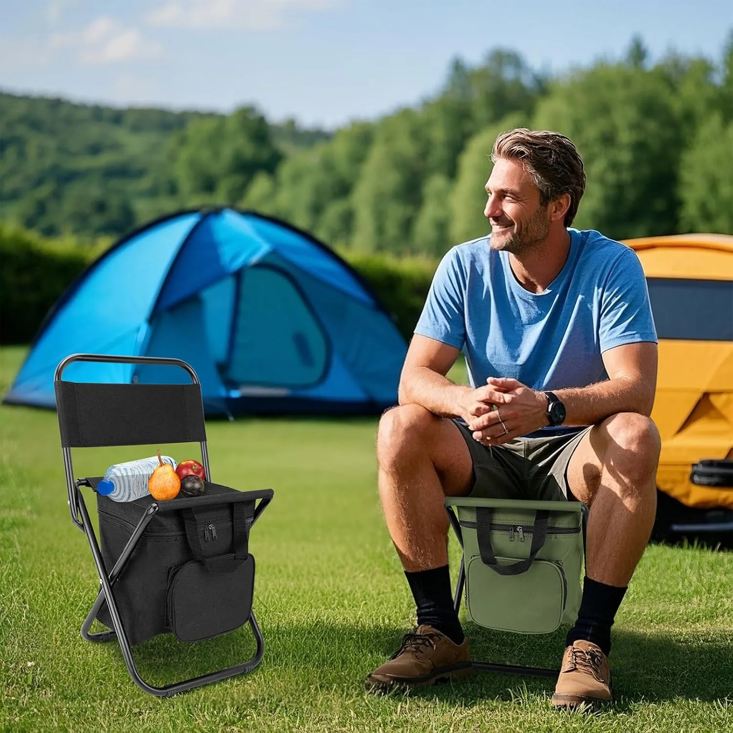 SAN LIKE Fishing Chair with Cooler Bag - Lightweight Foldable Backpack Camping Stool for Outdoor Fishing Hunting Gear - Portable Insulated Cooler Pocket Design（1 Pack Green