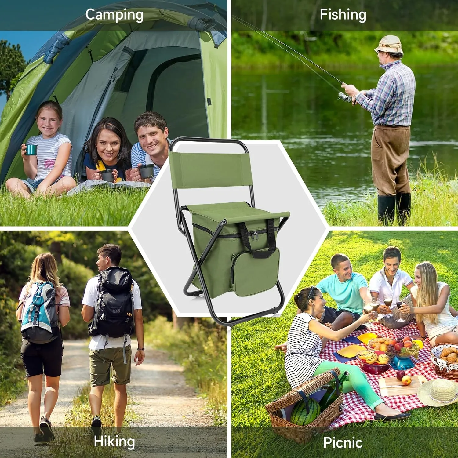 SAN LIKE Fishing Chair with Cooler Bag - Lightweight Foldable Backpack Camping Stool for Outdoor Fishing Hunting Gear - Portable Insulated Cooler Pocket Design（1 Pack Green