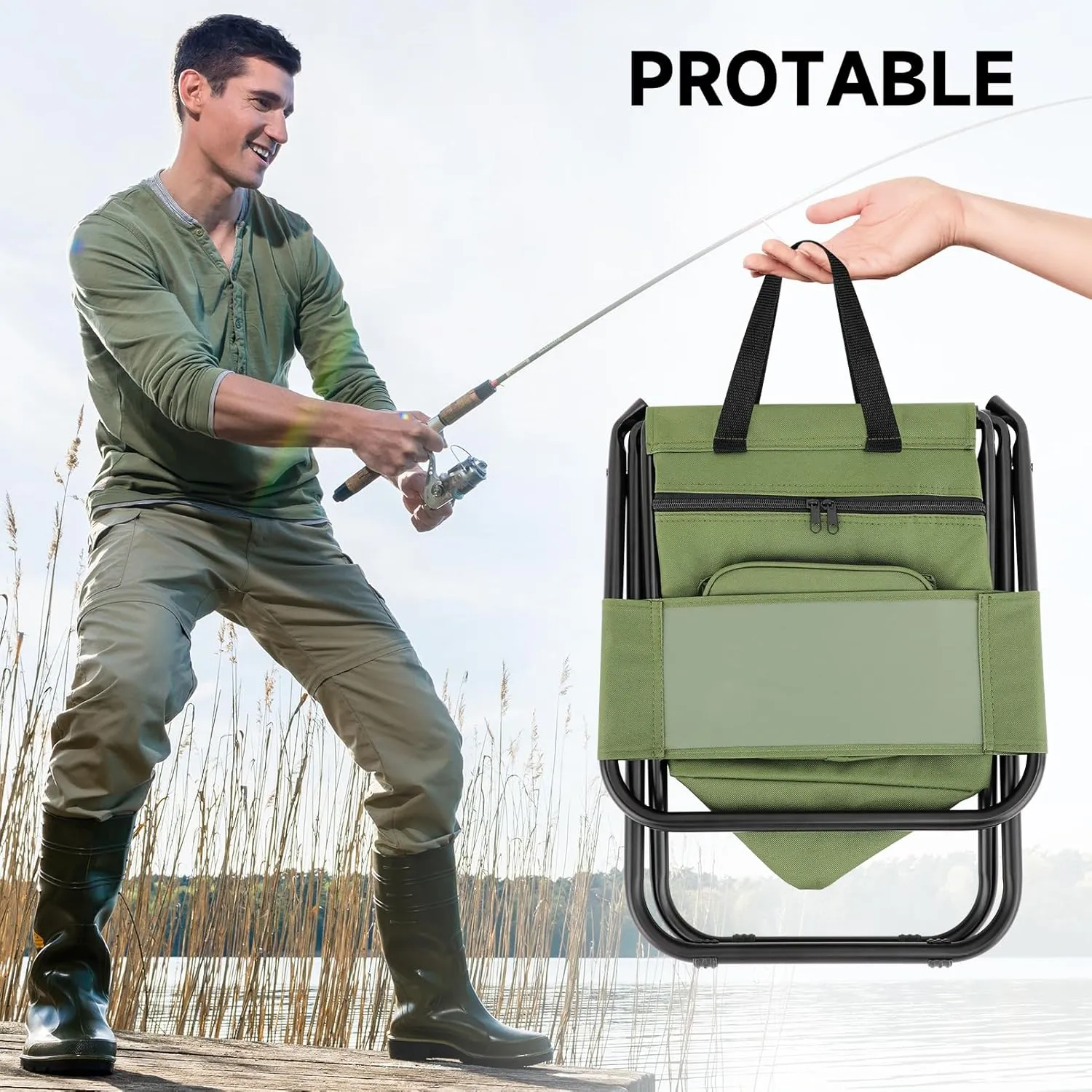 SAN LIKE Fishing Chair with Cooler Bag - Lightweight Foldable Backpack Camping Stool for Outdoor Fishing Hunting Gear - Portable Insulated Cooler Pocket Design（1 Pack Green