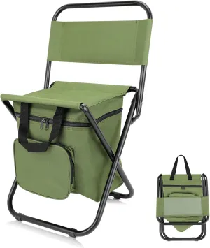 SAN LIKE Fishing Chair with Cooler Bag - Lightweight Foldable Backpack Camping Stool for Outdoor Fishing Hunting Gear - Portable Insulated Cooler Pocket Design（1 Pack Green
