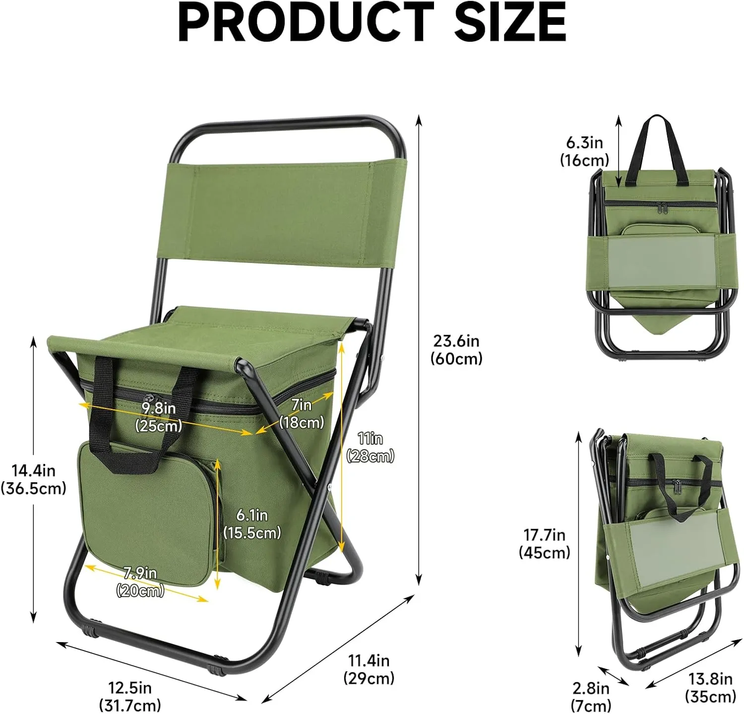 SAN LIKE Fishing Chair with Cooler Bag - Lightweight Foldable Backpack Camping Stool for Outdoor Fishing Hunting Gear - Portable Insulated Cooler Pocket Design（1 Pack Green