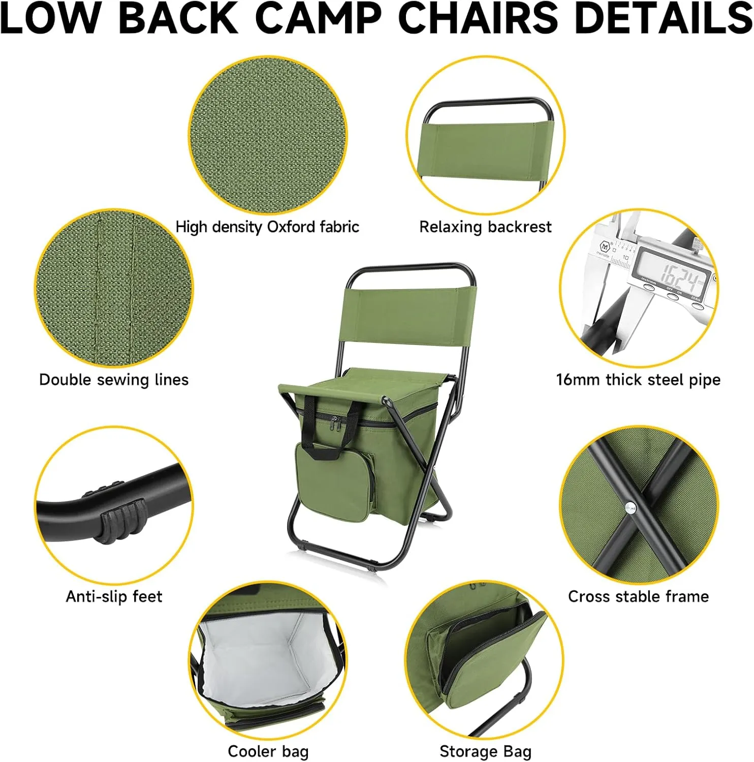 SAN LIKE Fishing Chair with Cooler Bag - Lightweight Foldable Backpack Camping Stool for Outdoor Fishing Hunting Gear - Portable Insulated Cooler Pocket Design（1 Pack Green