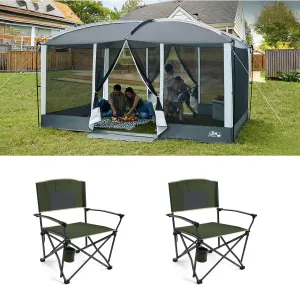 Screen House Room 13x9Ft Screen Tent Mesh Gazebos w/ 2 Magnetic Doors, 6 Pack Oversized Folding Camping Chairs, Heavy Duty Camping Chair for Adults Steel Frame Support 400 LBS