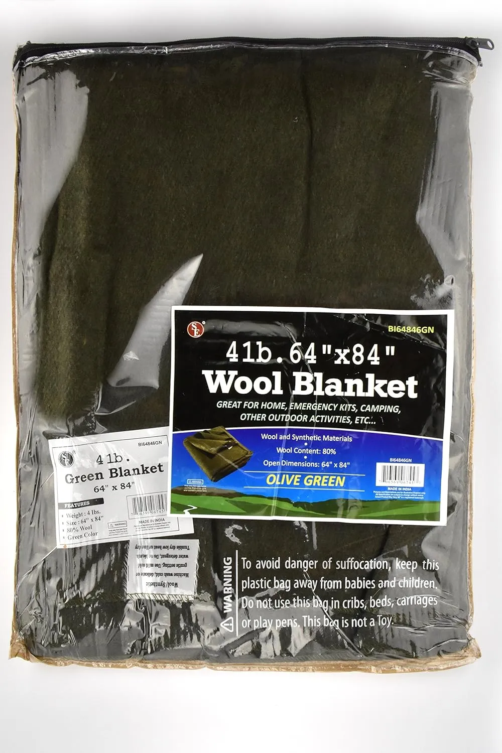 SE Green 64” x 84” 4-lb. Warm Blanket with 80% Wool - BI64846GN