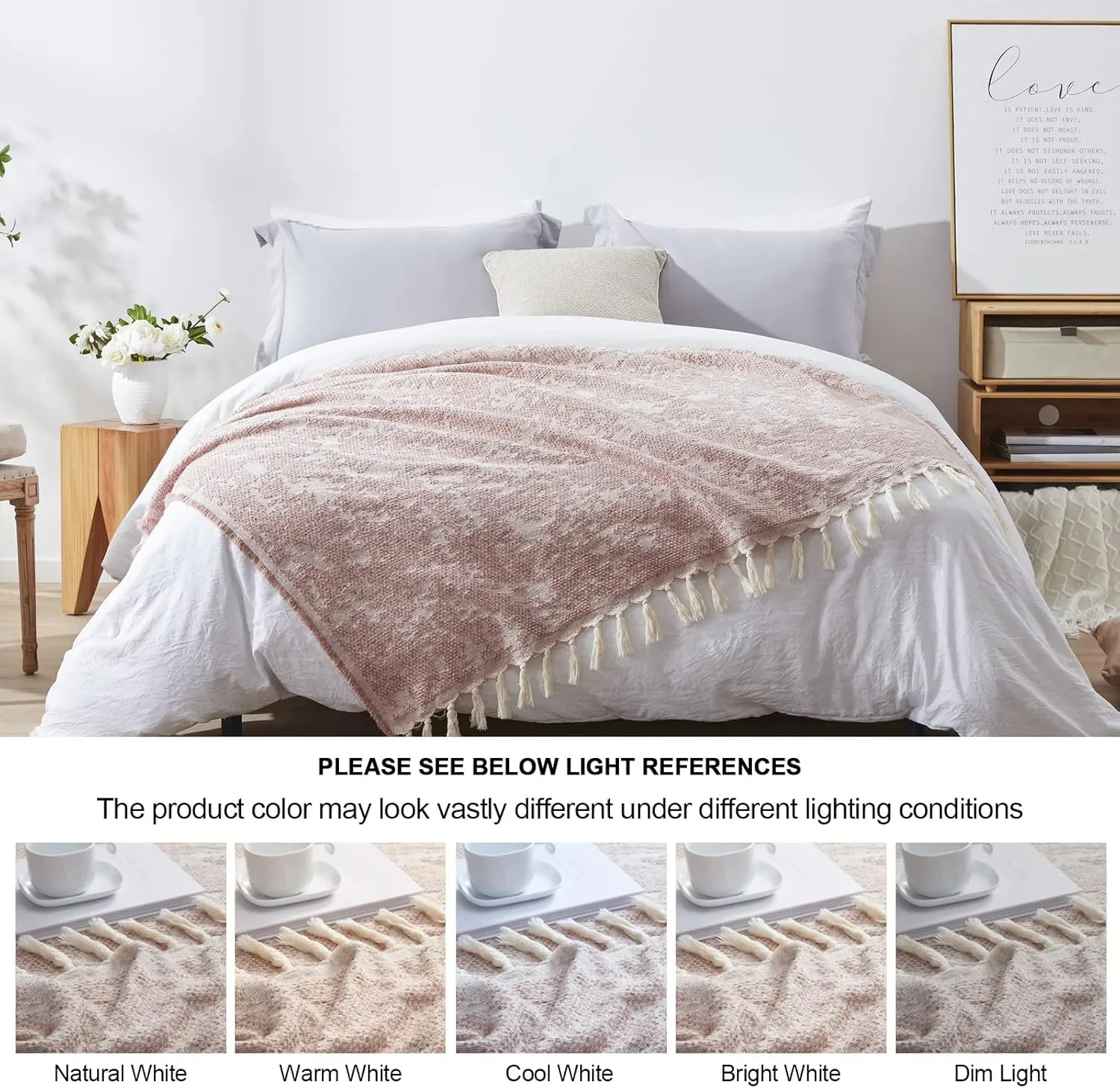 SE SOFTEXLY Throw Blanket, Machine Washable Fringes Wool Blanket, Cozy Soft Throw Blanket for Couch Bed Sofa, Camping Blanket for Survival, Emergency, Farmhouse Outdoor Blanket (59" x 60",Pink)