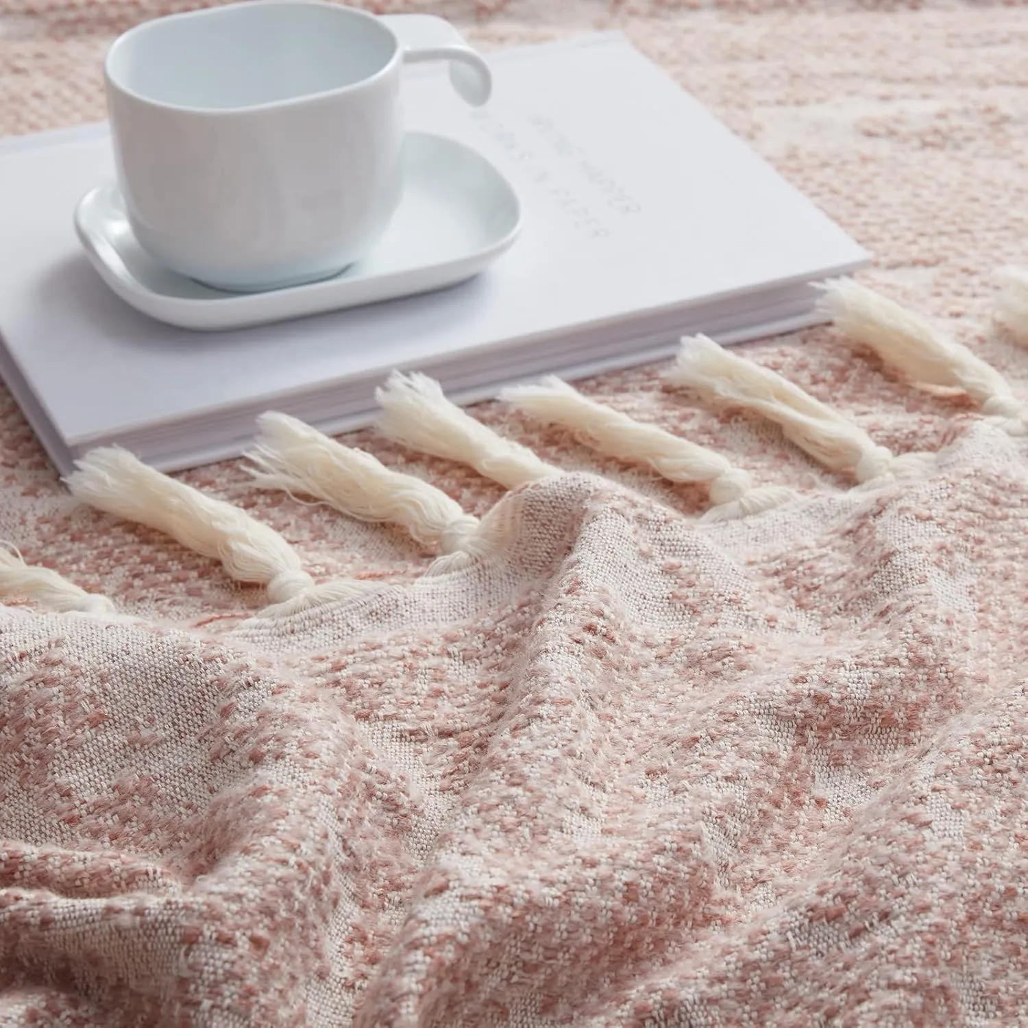 SE SOFTEXLY Throw Blanket, Machine Washable Fringes Wool Blanket, Cozy Soft Throw Blanket for Couch Bed Sofa, Camping Blanket for Survival, Emergency, Farmhouse Outdoor Blanket (59" x 60",Pink)
