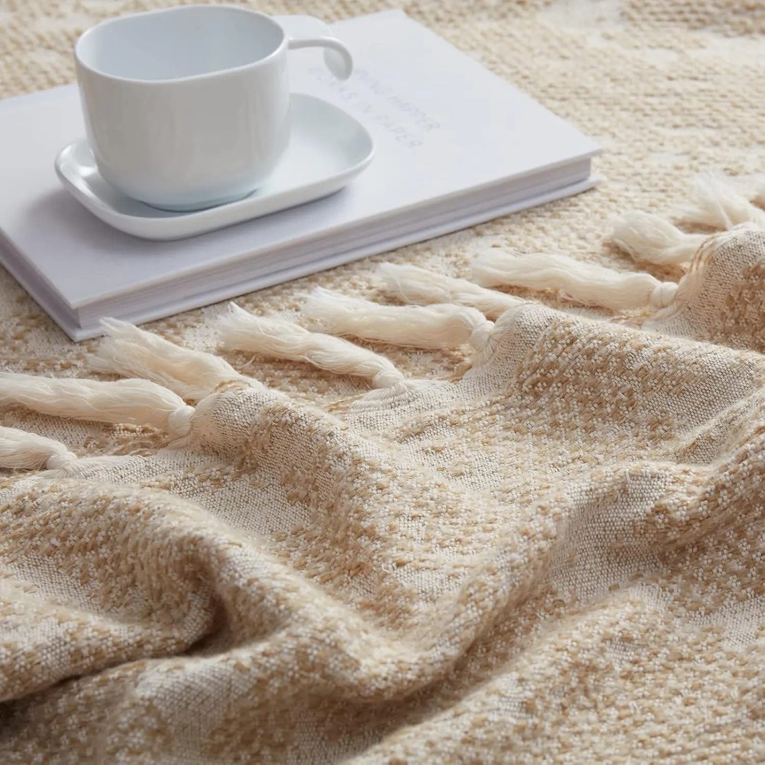 SE SOFTEXLY Throw Blanket, Machine Washable Fringes Wool Blanket, Cozy Soft Throw Blanket for Couch Bed Sofa, Camping Blanket for Survival, Emergency, Farmhouse Outdoor Blanket (59" x 60",Yellow)