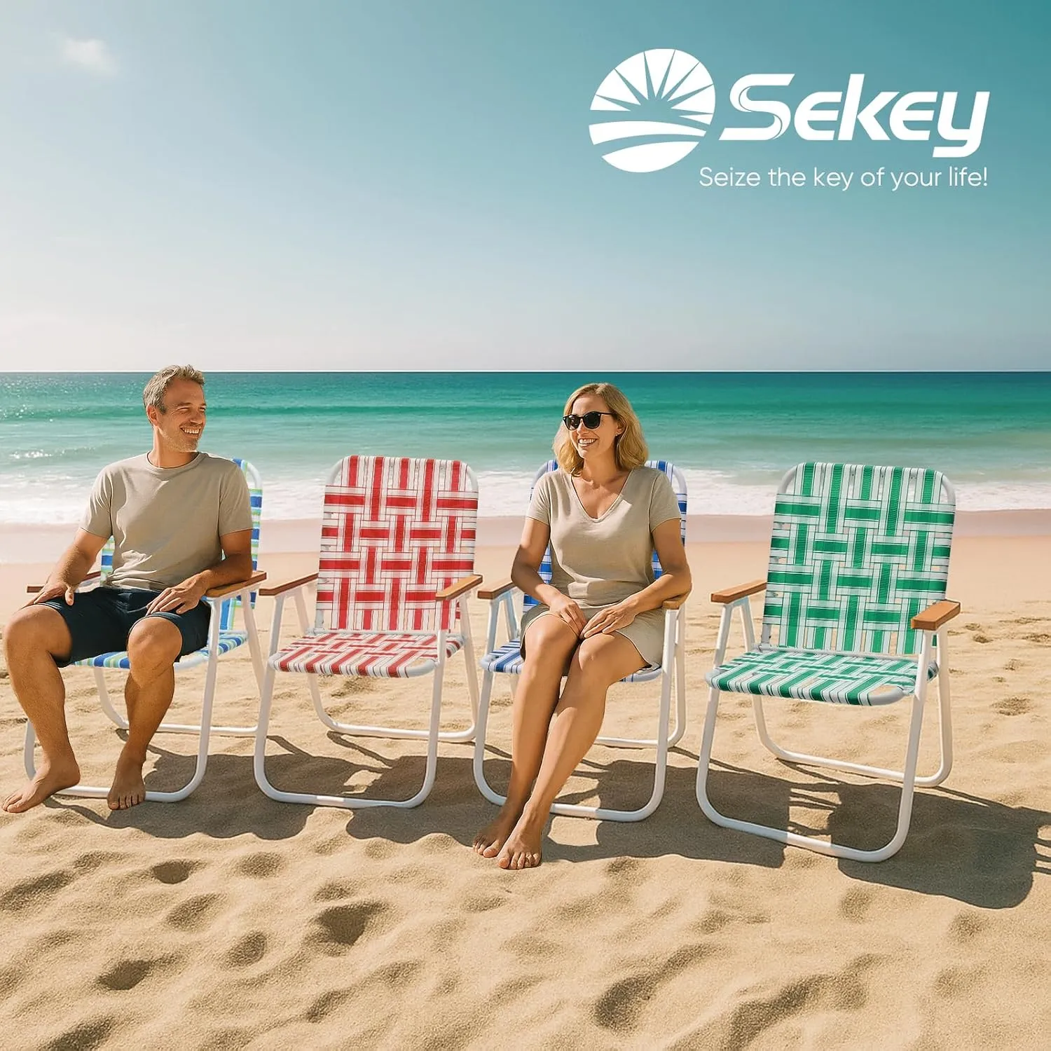 Sekey Folding Lawn Chairs, Beach Chairs for Adults with Highback, Camping Chairs with Webbed Airflow Mesh, Patio Chairs with Rust-Proof Coating, Webbed Lawn Chair for Outdoor, Fishing, Backyard, Blue