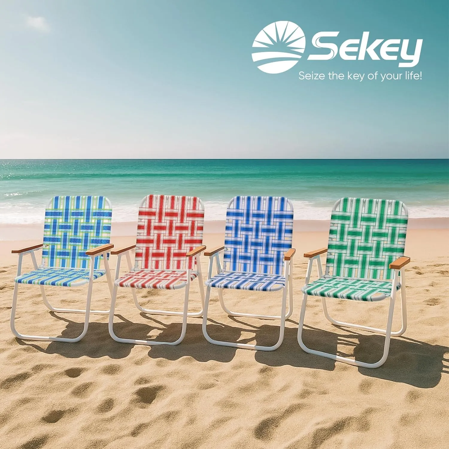 Sekey Folding Lawn Chairs, Beach Chairs for Adults with Highback, Camping Chairs with Webbed Airflow Mesh, Patio Chairs with Rust-Proof Coating, Webbed Lawn Chair for Outdoor, Fishing, Backyard, Blue