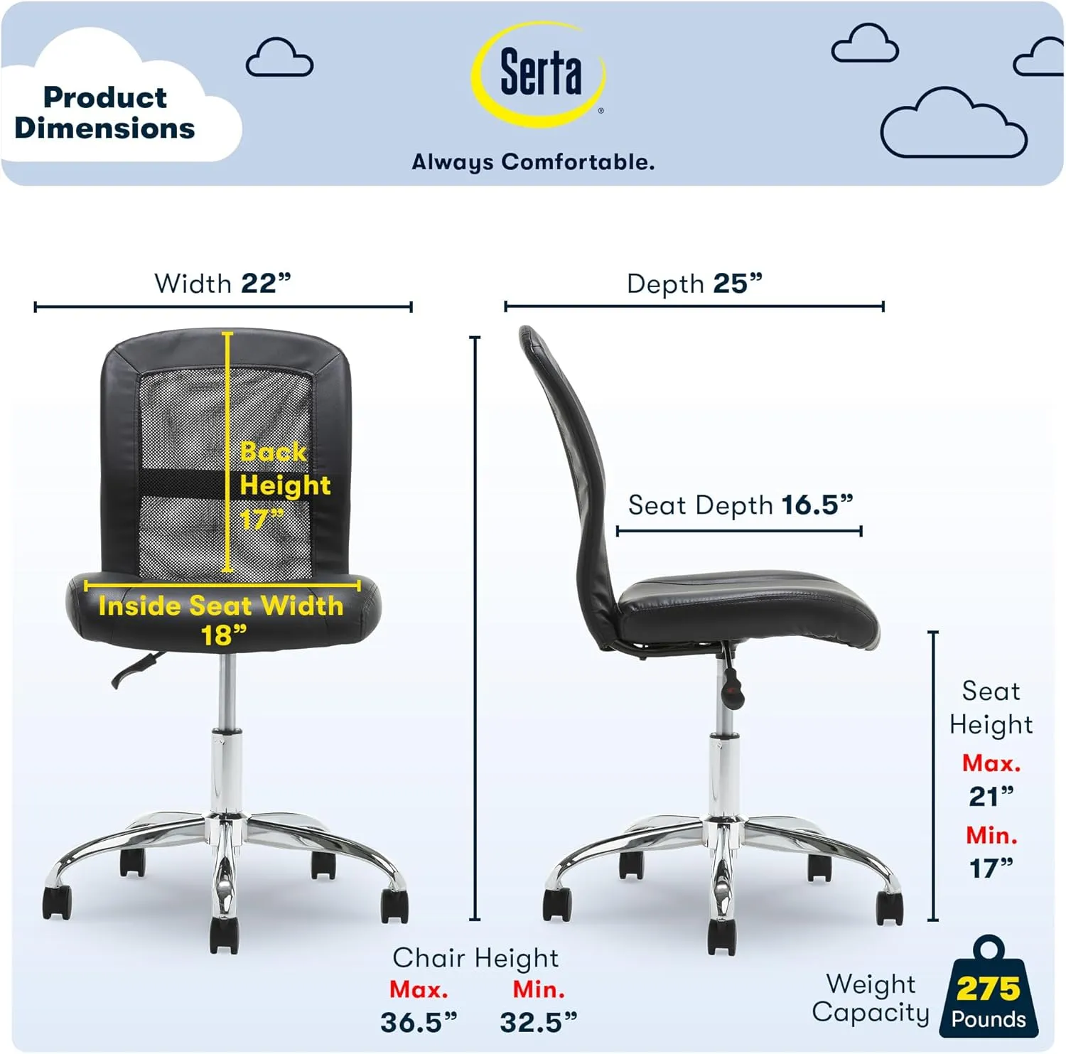 Serta Essential Armless DeskChair, Small Task Chair with Wheels, Breathable Mesh Back, SertaQuality Foam Cushion Seat for Comfort, Functional, Lightweight and Versatile, Black