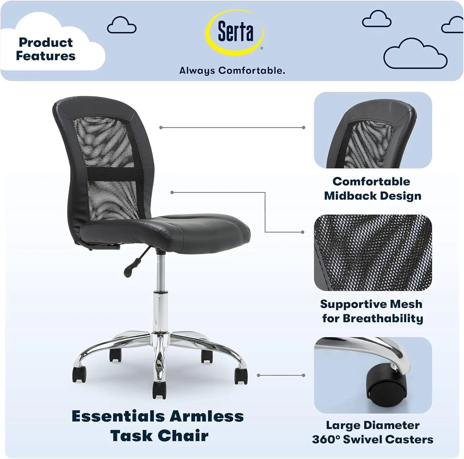 Serta Essential Armless DeskChair, Small Task Chair with Wheels, Breathable Mesh Back, SertaQuality Foam Cushion Seat for Comfort, Functional, Lightweight and Versatile, Black