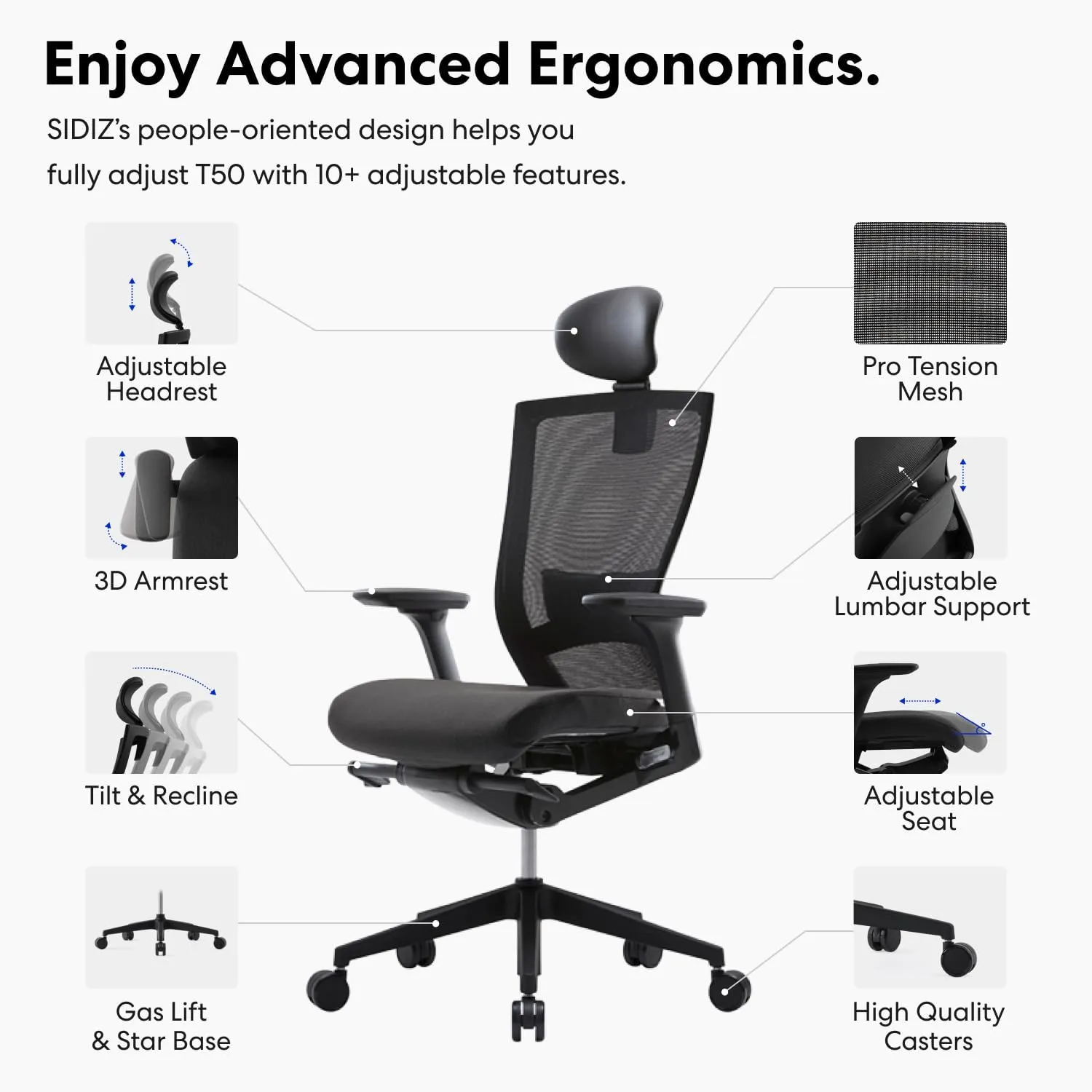 SIDIZ T50 Ergonomic Office Chair : High Performance Home Office Chair with Adjustable Headrest, Lumbar Support, 3D Armrest, Seat Depth, Mesh Back Computer Chair, Alternative Gaming Chair (Black)