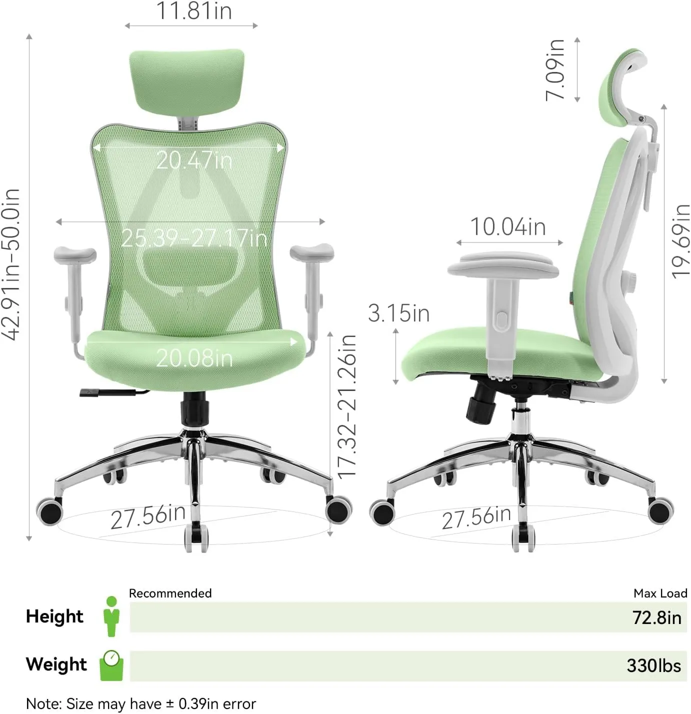 SIHOO M18 Ergonomic Office Chair, Computer Desk Chair with Adjustable Headrest and Lumbar Support, High Back Executive Swivel Chair for Home Office (Light Green)