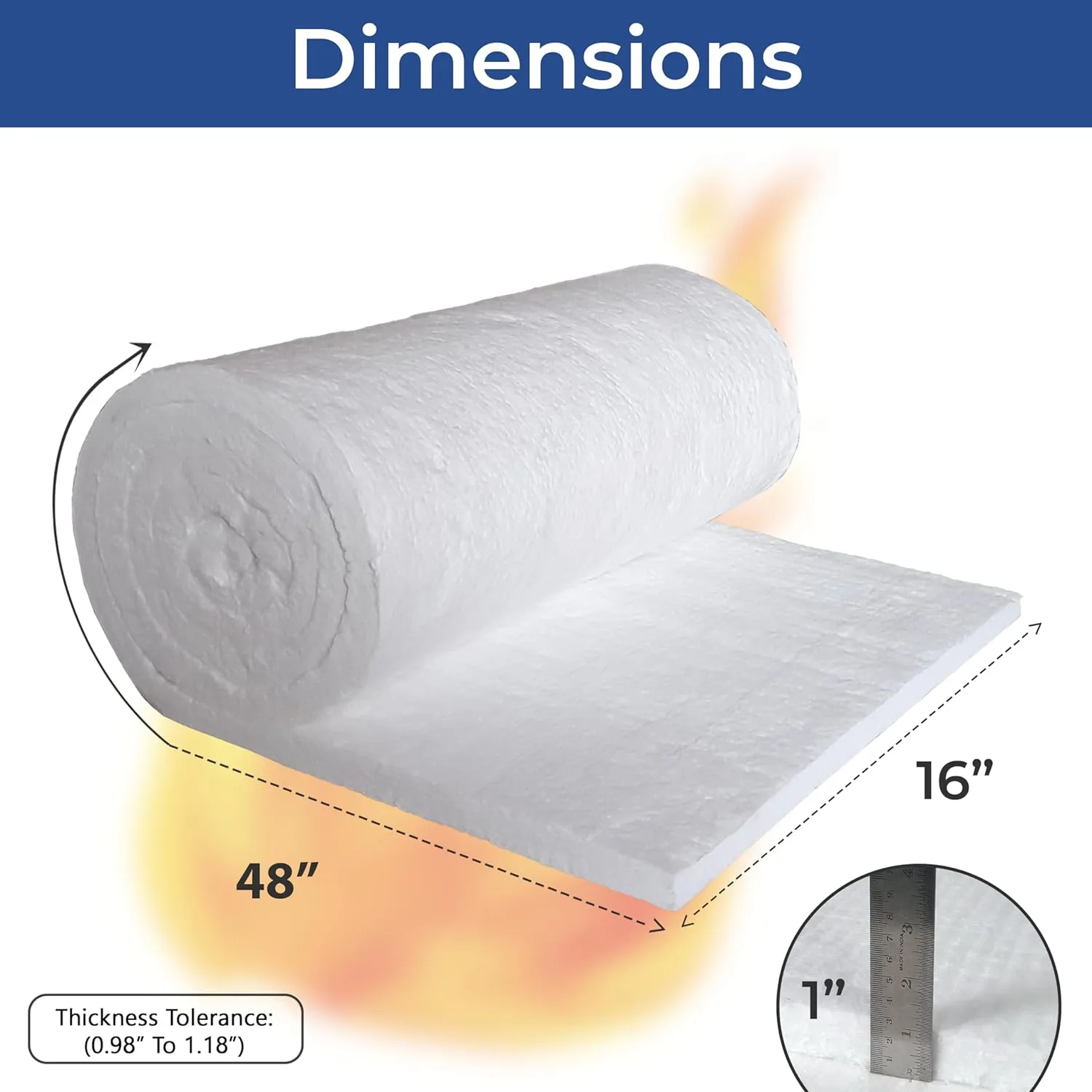SIMOND STORE Ceramic Fiber Insulation Blanket - 8# Density 2400F- 1” Thick x 16” x 48” - High Temperature Insulation Blanket for Furnace Stove Fireplace Forge Chimney Pizza Oven Boiler Kiln Dishwasher