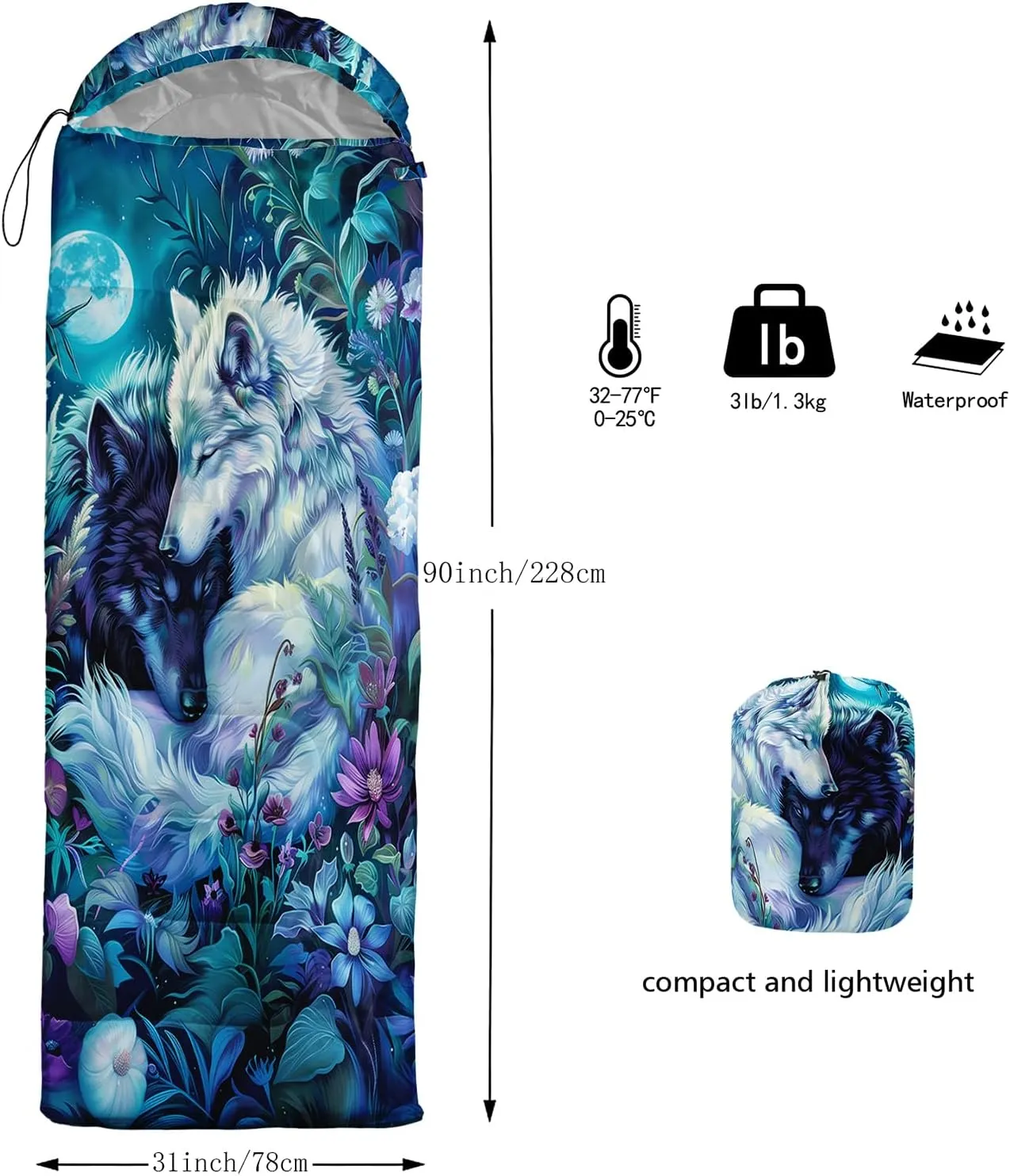 Sleeping Bags for Adults and Kids，3D Printing Camping Sleeping Bag for Girls Boys Lightweight Waterproof Cold/Warm 3-Season，Outdoor Travel with Compression Bags