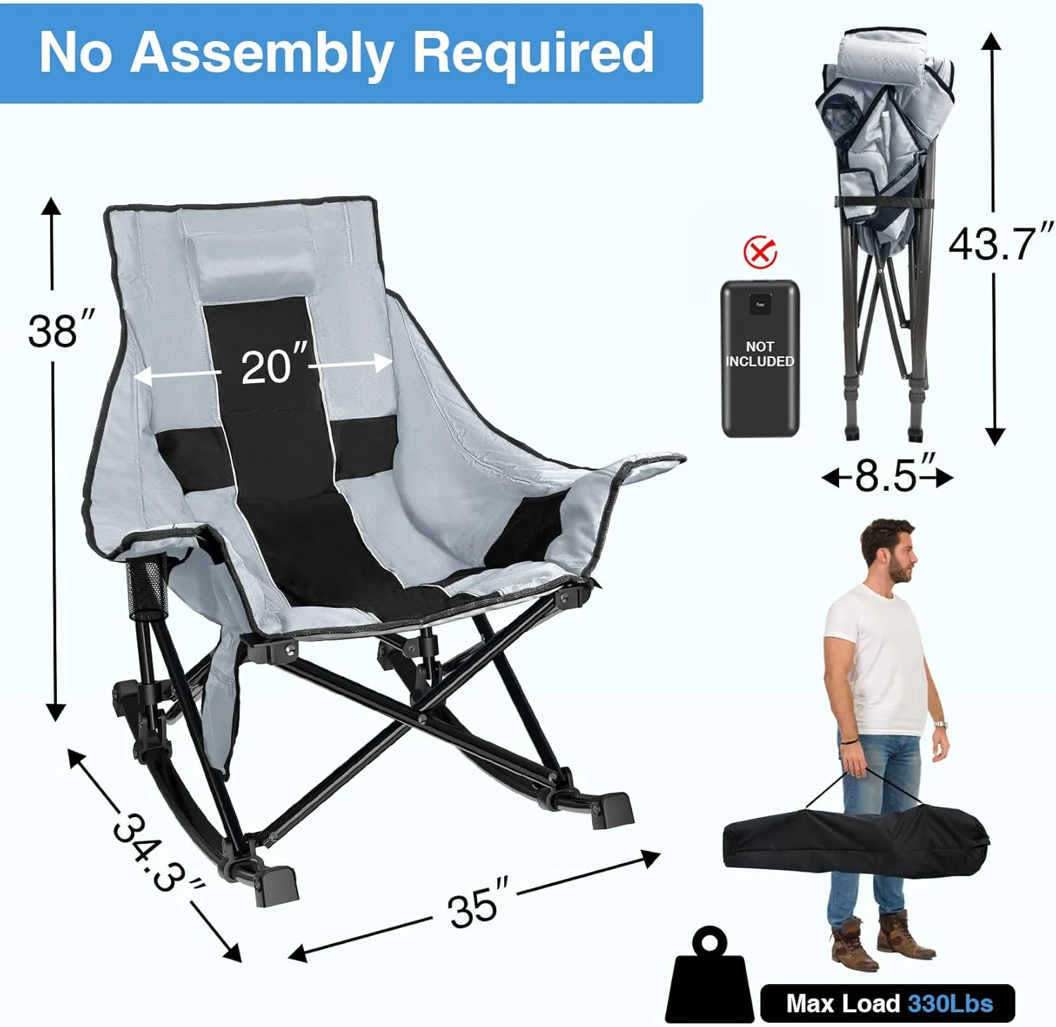Slendor Oversized Rocking Camping Chair, XL Heated Camping Chair w/ 3 Levels Heat for Back Seat, Padded Rocking Heated Chair, Portable Lawn Recliner with Pillow, Side Pocket, Carry Bag, Grey Black