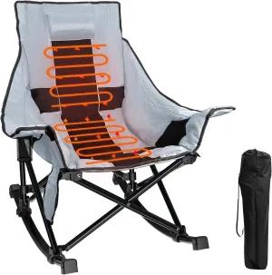 Slendor Oversized Rocking Camping Chair, XL Heated Camping Chair w/ 3 Levels Heat for Back Seat, Padded Rocking Heated Chair, Portable Lawn Recliner with Pillow, Side Pocket, Carry Bag, Grey Black