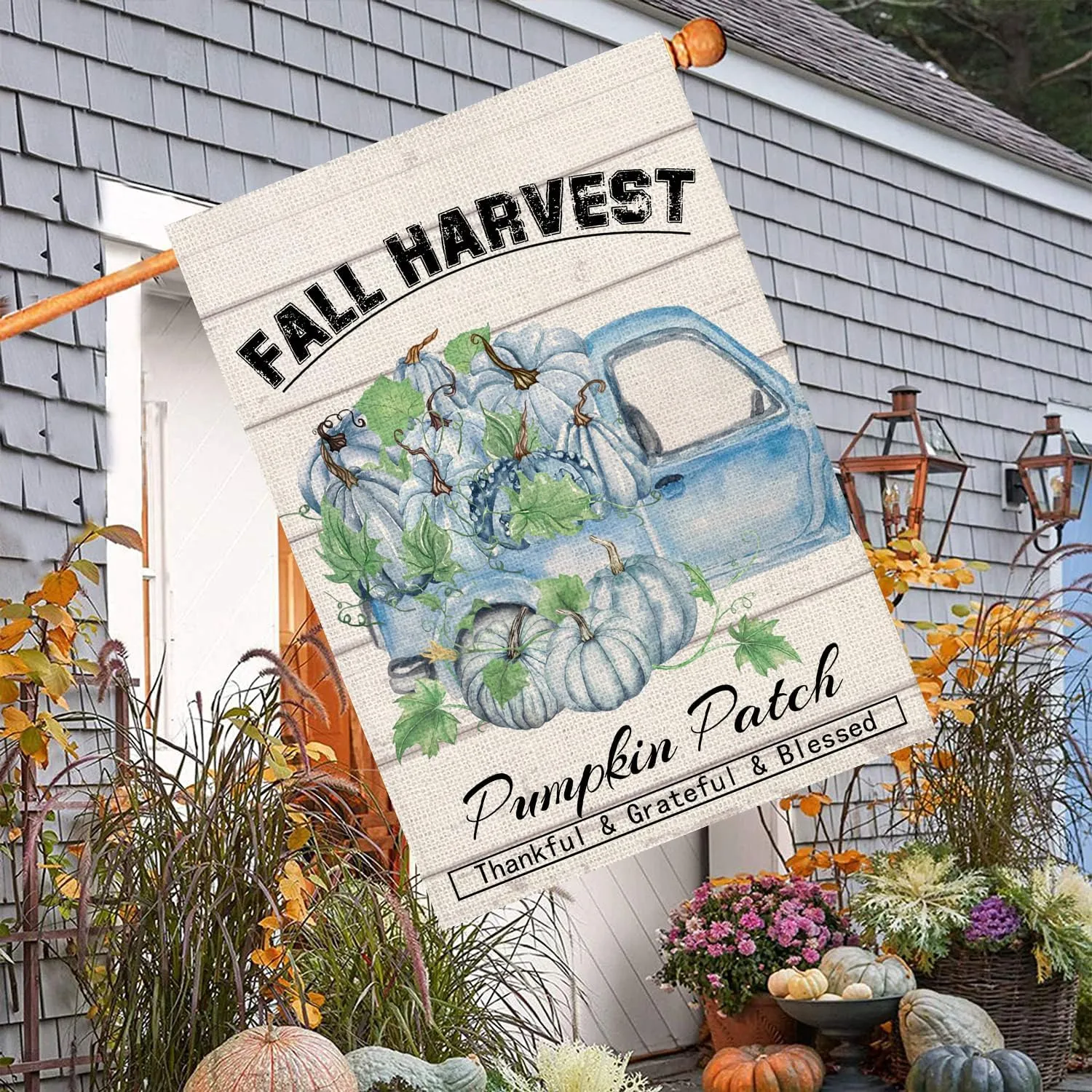 Smilyard Fall Harvest Pumpkin Patch House Flag Double Sided 28x40 Inch Vintage Truck with Blue Pumpkins Autumn Maple Leaves Outdoor Flags Thanksgiving Thankful Grateful Blessed Outside Farmhouse