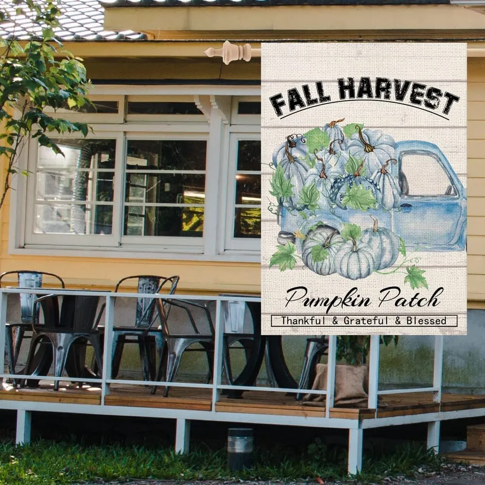 Smilyard Fall Harvest Pumpkin Patch House Flag Double Sided 28x40 Inch Vintage Truck with Blue Pumpkins Autumn Maple Leaves Outdoor Flags Thanksgiving Thankful Grateful Blessed Outside Farmhouse
