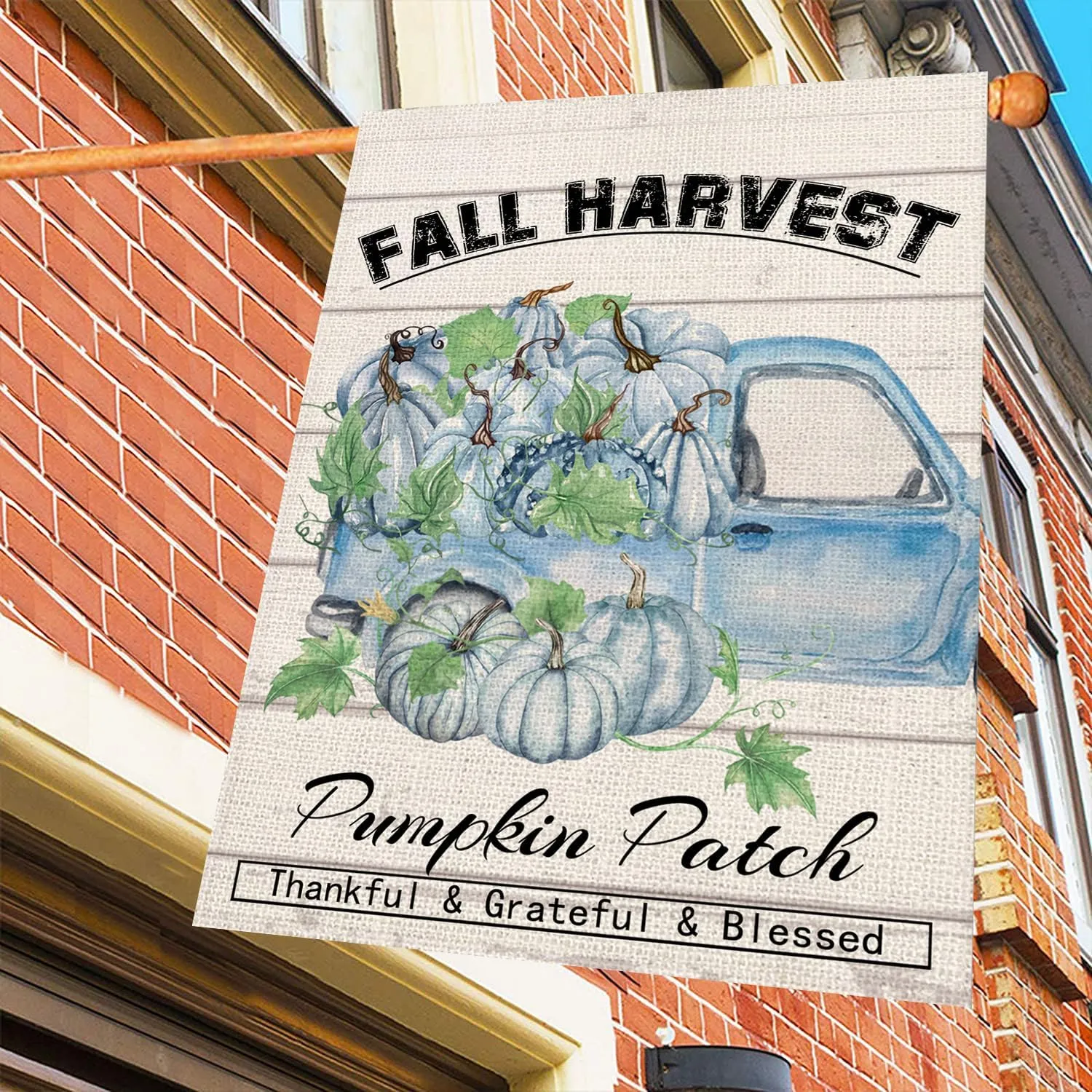 Smilyard Fall Harvest Pumpkin Patch House Flag Double Sided 28x40 Inch Vintage Truck with Blue Pumpkins Autumn Maple Leaves Outdoor Flags Thanksgiving Thankful Grateful Blessed Outside Farmhouse