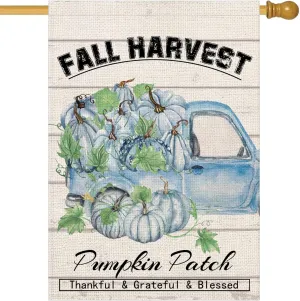 Smilyard Fall Harvest Pumpkin Patch House Flag Double Sided 28x40 Inch Vintage Truck with Blue Pumpkins Autumn Maple Leaves Outdoor Flags Thanksgiving Thankful Grateful Blessed Outside Farmhouse