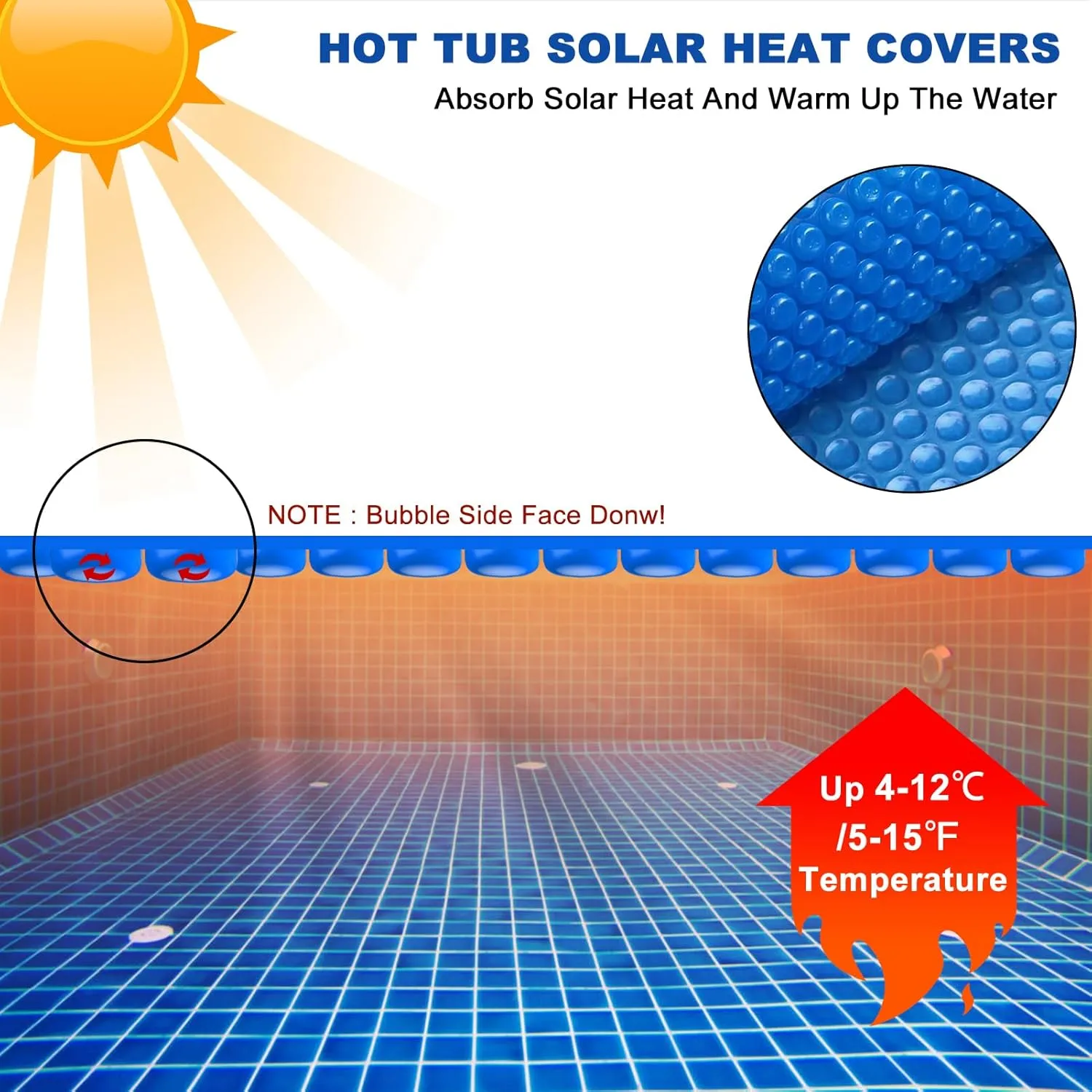Solar Hot Tub Spa Bubble Covers Blanket 6 x 6 FT for Square Inflatable Hot Tub Spa Pool Thermal Insulation Floating Bubble Wrap Covers (183 x 183cm)