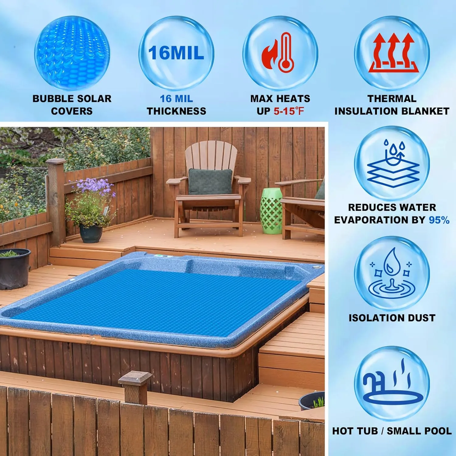 Solar Hot Tub Spa Bubble Covers Blanket 6 x 6 FT for Square Inflatable Hot Tub Spa Pool Thermal Insulation Floating Bubble Wrap Covers (183 x 183cm)