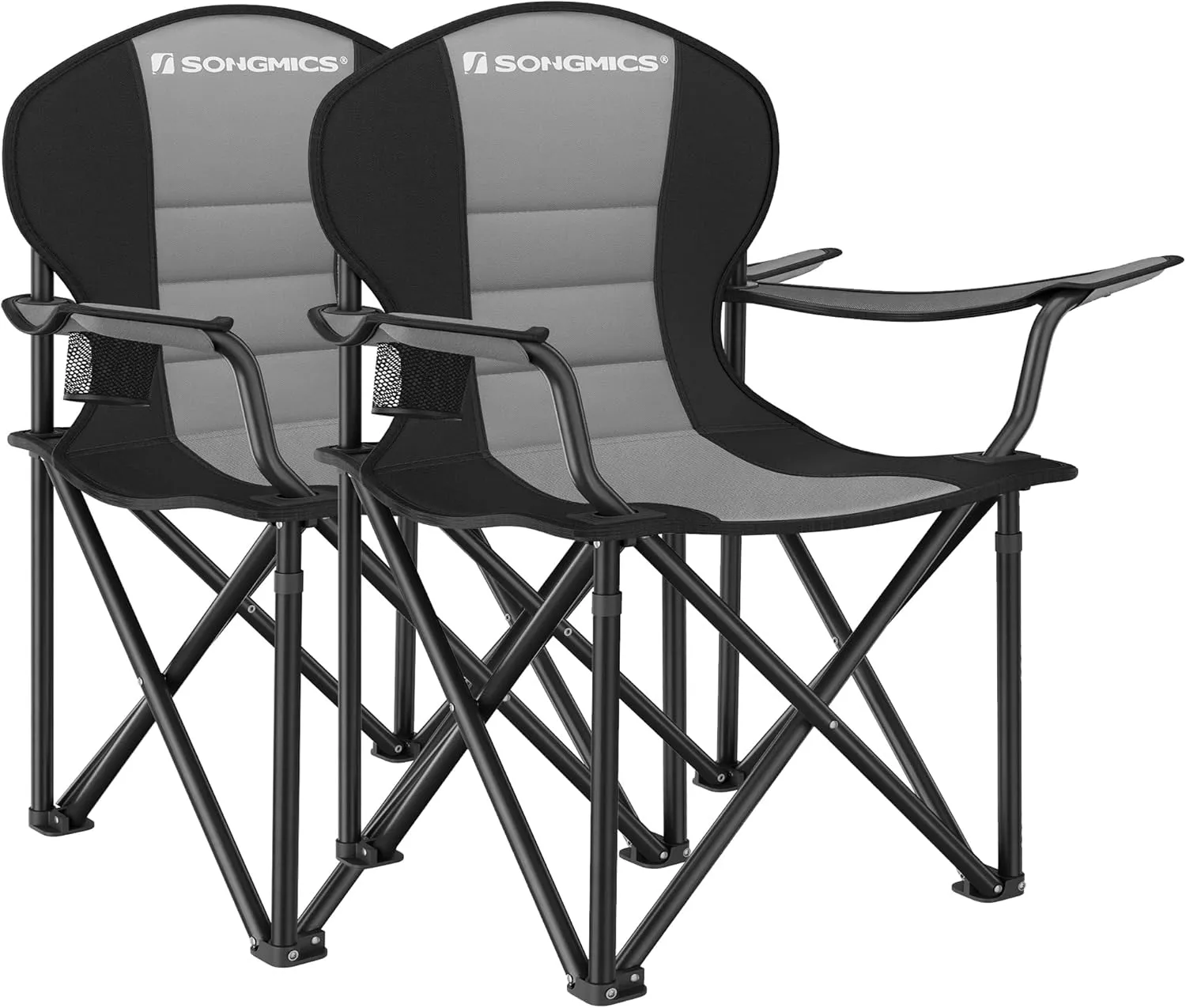 SONGMICS Folding Camping Chair Set of 2, Supports 551 lb per Chair, with Comfortable Sponge Seat, Heavy Duty Structure, Cup Holder, Outdoor Picnic Chair, Grey and Black UGCB206G01