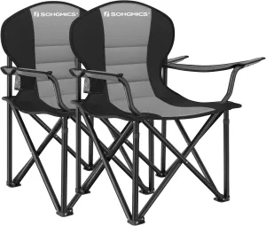 SONGMICS Folding Camping Chair Set of 2, Supports 551 lb per Chair, with Comfortable Sponge Seat, Heavy Duty Structure, Cup Holder, Outdoor Picnic Chair, Grey and Black UGCB206G01