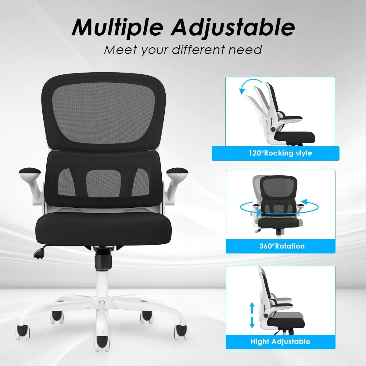 Soohow Ergonomic Home Office Chair, Mesh Desk Chair with Lumbar Support, Comfy Computer Desk Chair with Flip Armrest Rolling Wheels, White.