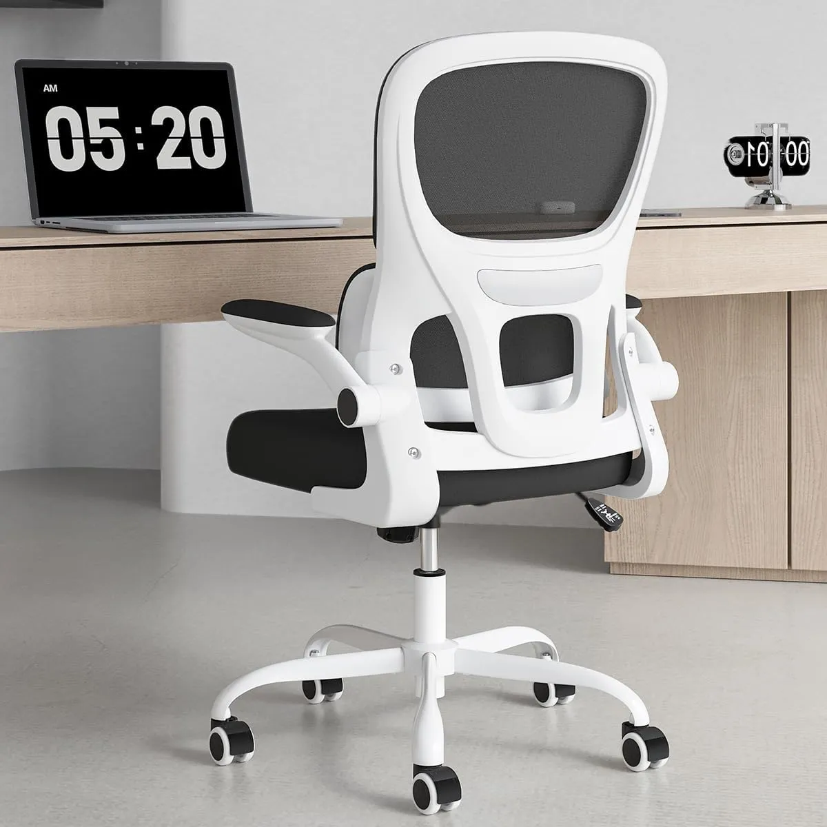 Soohow Ergonomic Home Office Chair, Mesh Desk Chair with Lumbar Support, Comfy Computer Desk Chair with Flip Armrest Rolling Wheels, White.
