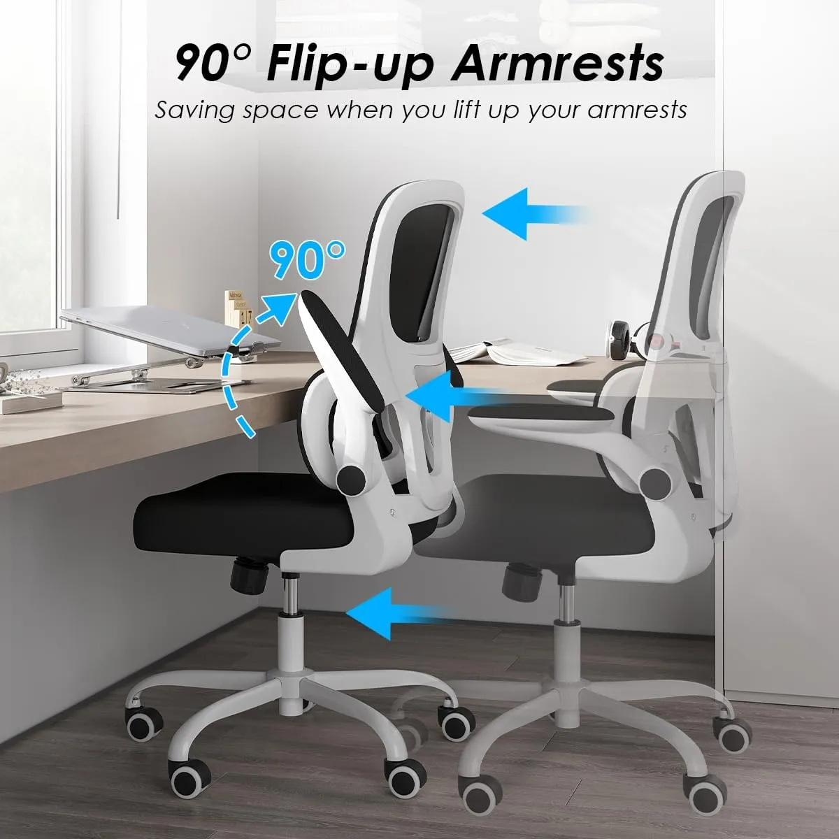 Soohow Ergonomic Home Office Chair, Mesh Desk Chair with Lumbar Support, Comfy Computer Desk Chair with Flip Armrest Rolling Wheels, White.