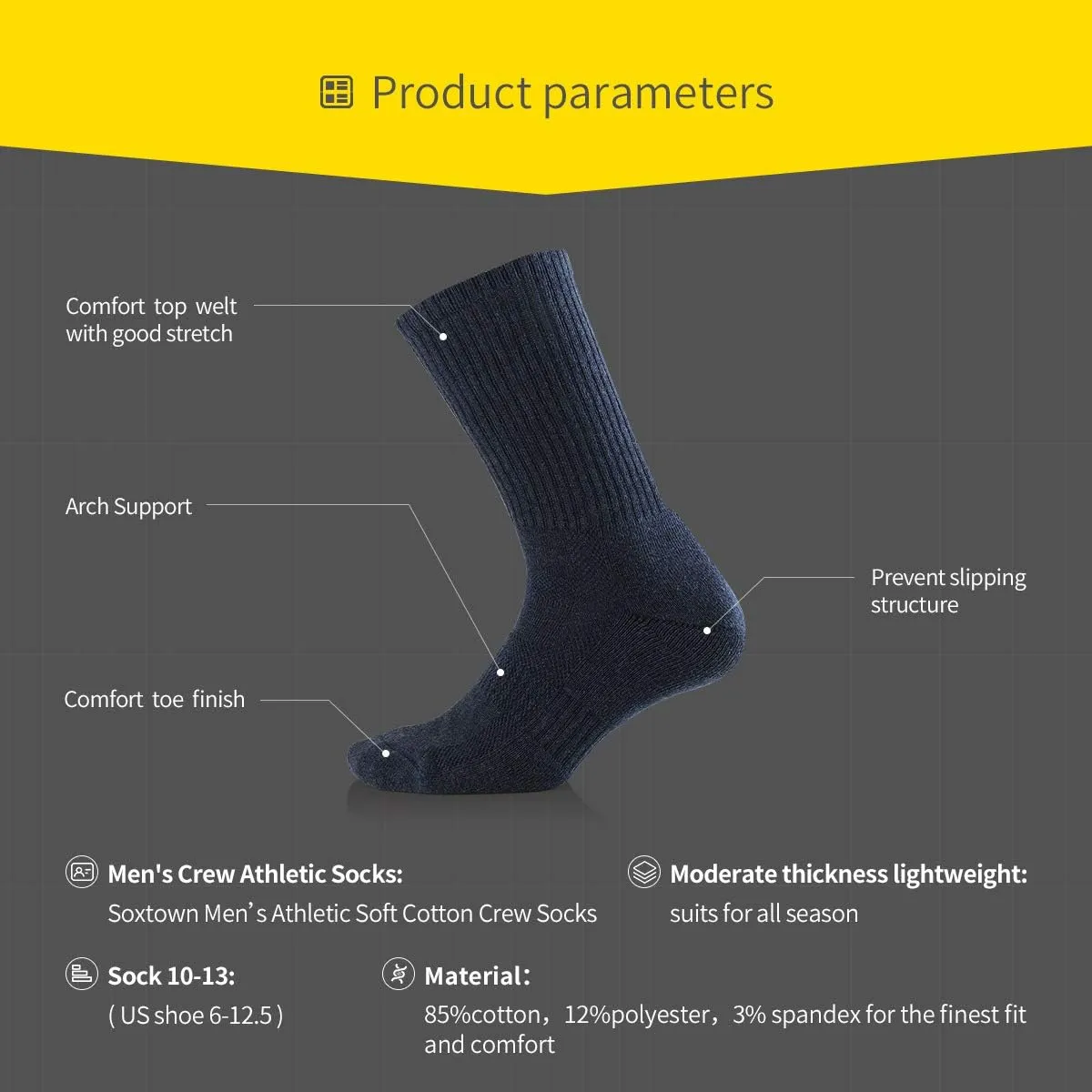 SOX TOWN Unisex Cushioned Crew Training Athletic Socks Men & Women with Combed Cotton Moisture Wicking Breathable Performance