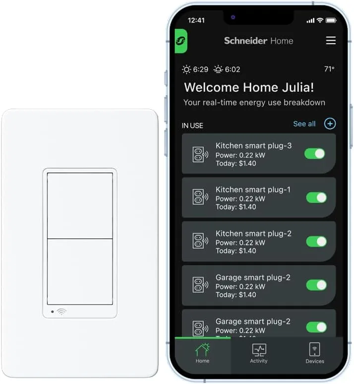 Square D X Series 15 Amp WiFi Energy Monitoring Light Switch, Single-Pole/3-way, 600 Watt, Rocker, Matter Certified, Works with Alexa and Google Assistant, White with Mounting Plate, SQR141U1WHWMP