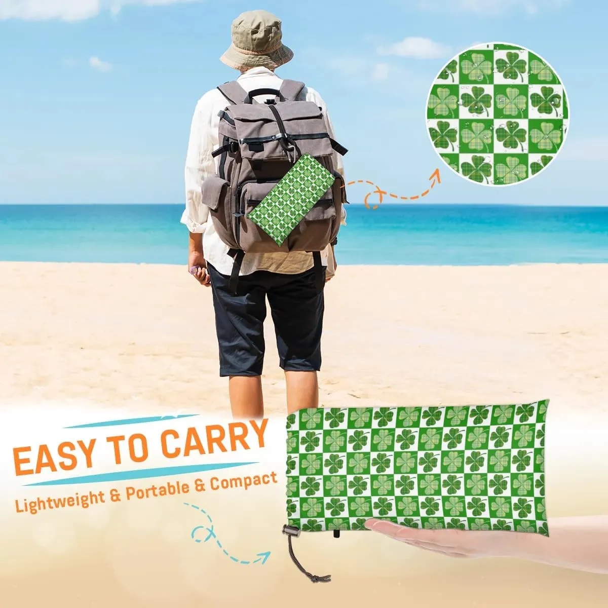 St. Patrick’s Day Beach Blanket, Sandproof Beach Mat, 68 x 59 Waterproof Quick Drying Sand Free Mat with 4 x Ground Spikes for Outdoor Travel Camping Hiking, Green Shamrock