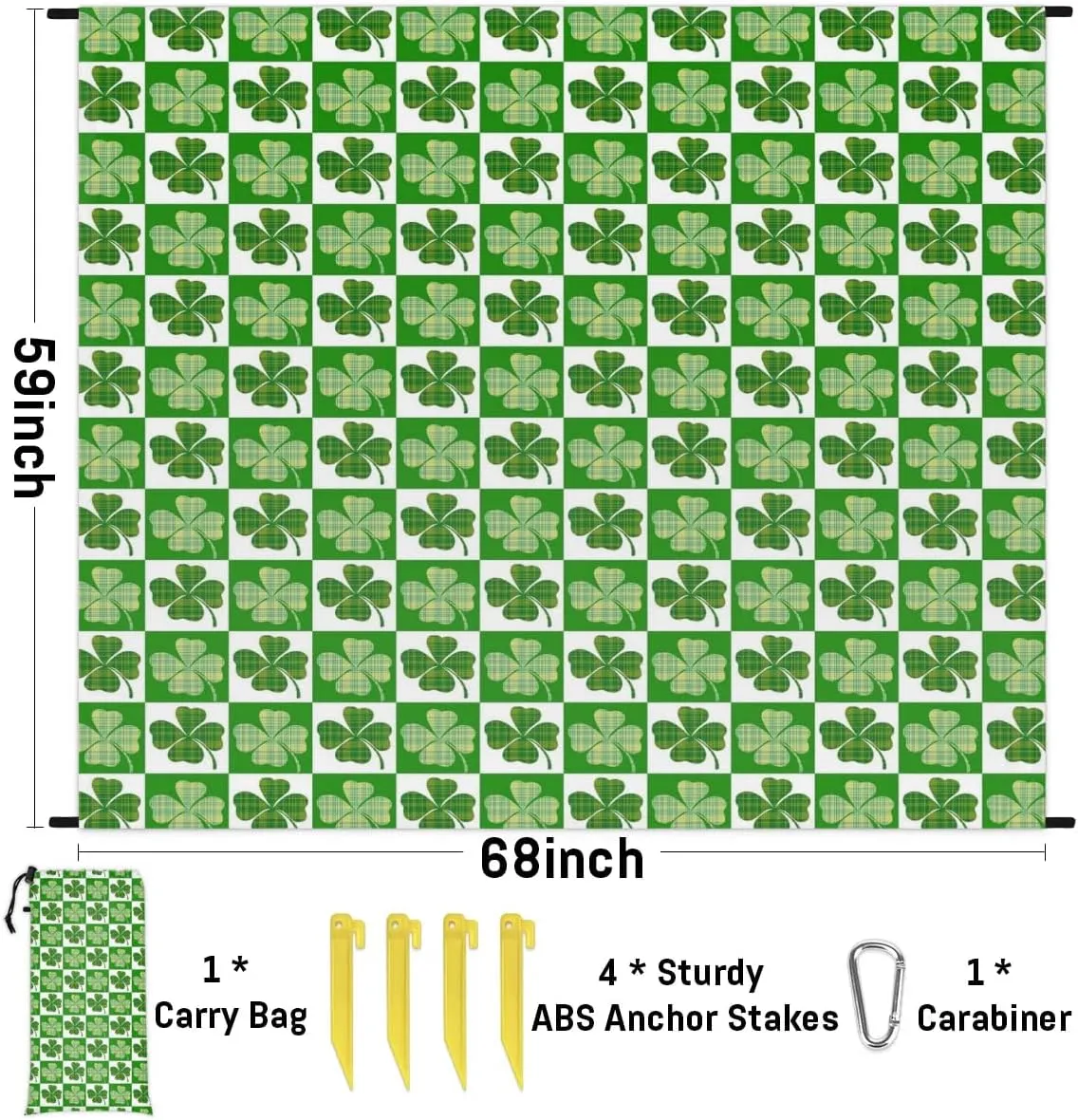 St. Patrick’s Day Beach Blanket, Sandproof Beach Mat, 68 x 59 Waterproof Quick Drying Sand Free Mat with 4 x Ground Spikes for Outdoor Travel Camping Hiking, Green Shamrock