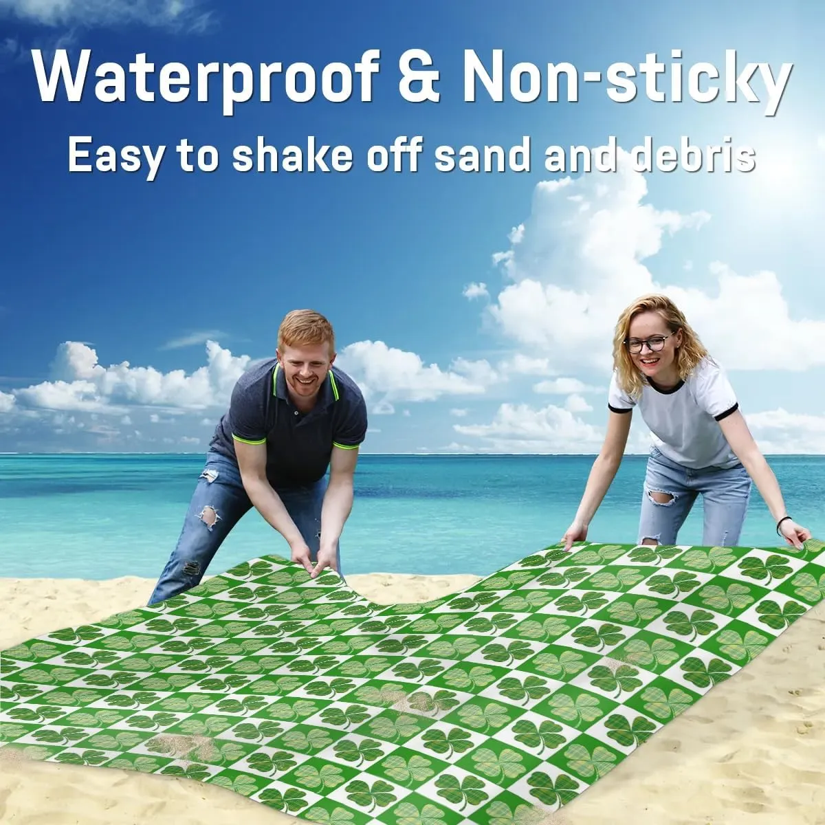 St. Patrick’s Day Beach Blanket, Sandproof Beach Mat, 68 x 59 Waterproof Quick Drying Sand Free Mat with 4 x Ground Spikes for Outdoor Travel Camping Hiking, Green Shamrock