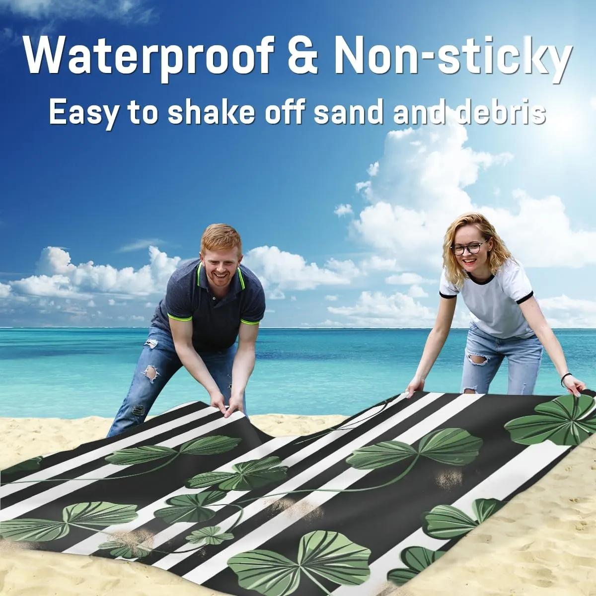 St Patricks Day Beach Blanket, Sandproof Beach Mat, Adults Waterproof Quick Drying Sand Free Mat with 4 x Ground Spikes for Outdoor Travel Camping Hiking, Clover Irish Shamrock