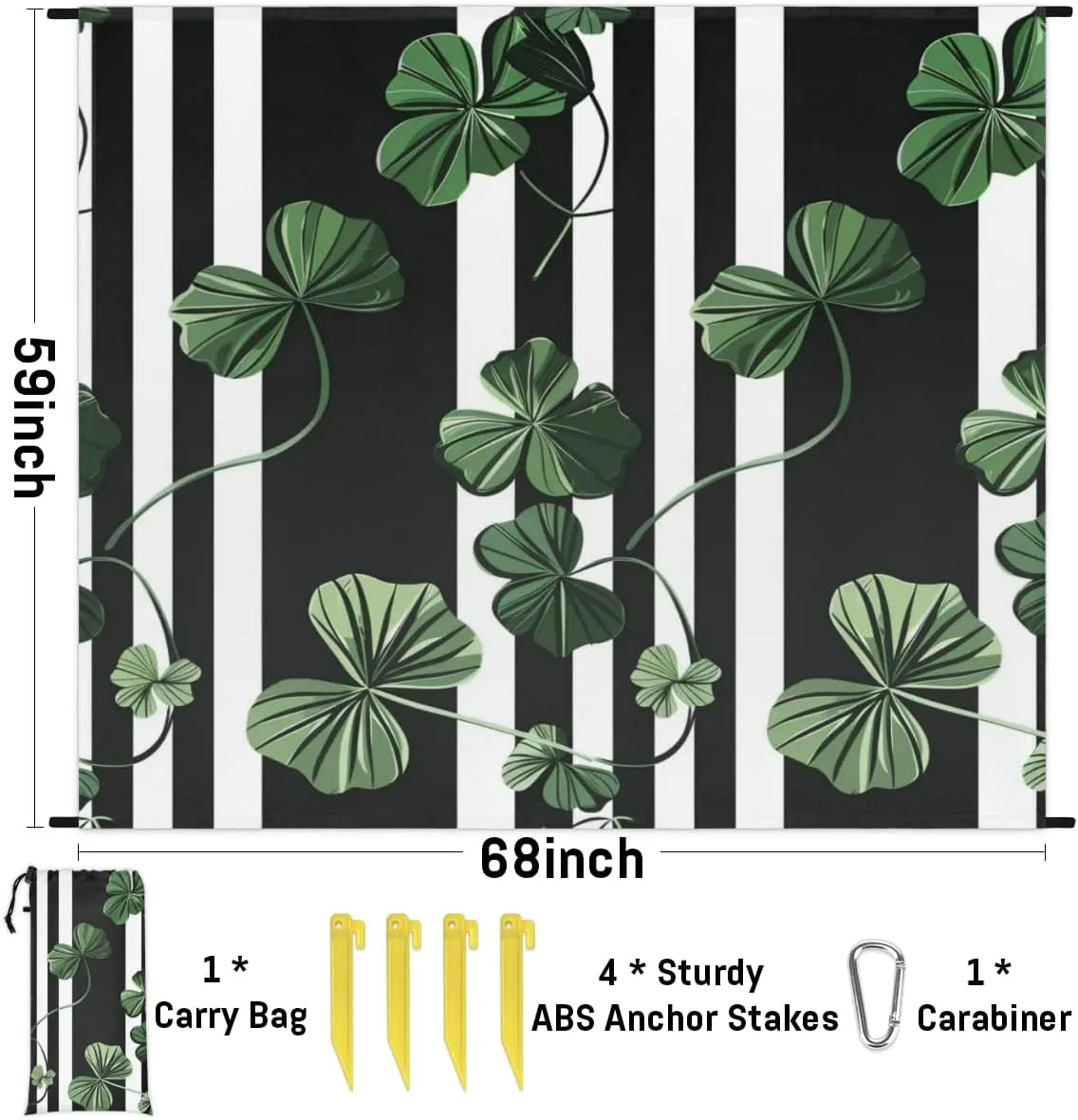 St Patricks Day Beach Blanket, Sandproof Beach Mat, Adults Waterproof Quick Drying Sand Free Mat with 4 x Ground Spikes for Outdoor Travel Camping Hiking, Clover Irish Shamrock