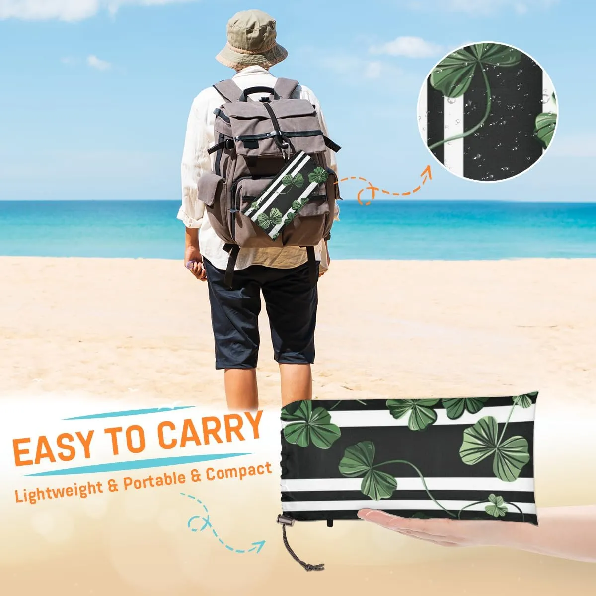 St Patricks Day Beach Blanket, Sandproof Beach Mat, Adults Waterproof Quick Drying Sand Free Mat with 4 x Ground Spikes for Outdoor Travel Camping Hiking, Clover Irish Shamrock