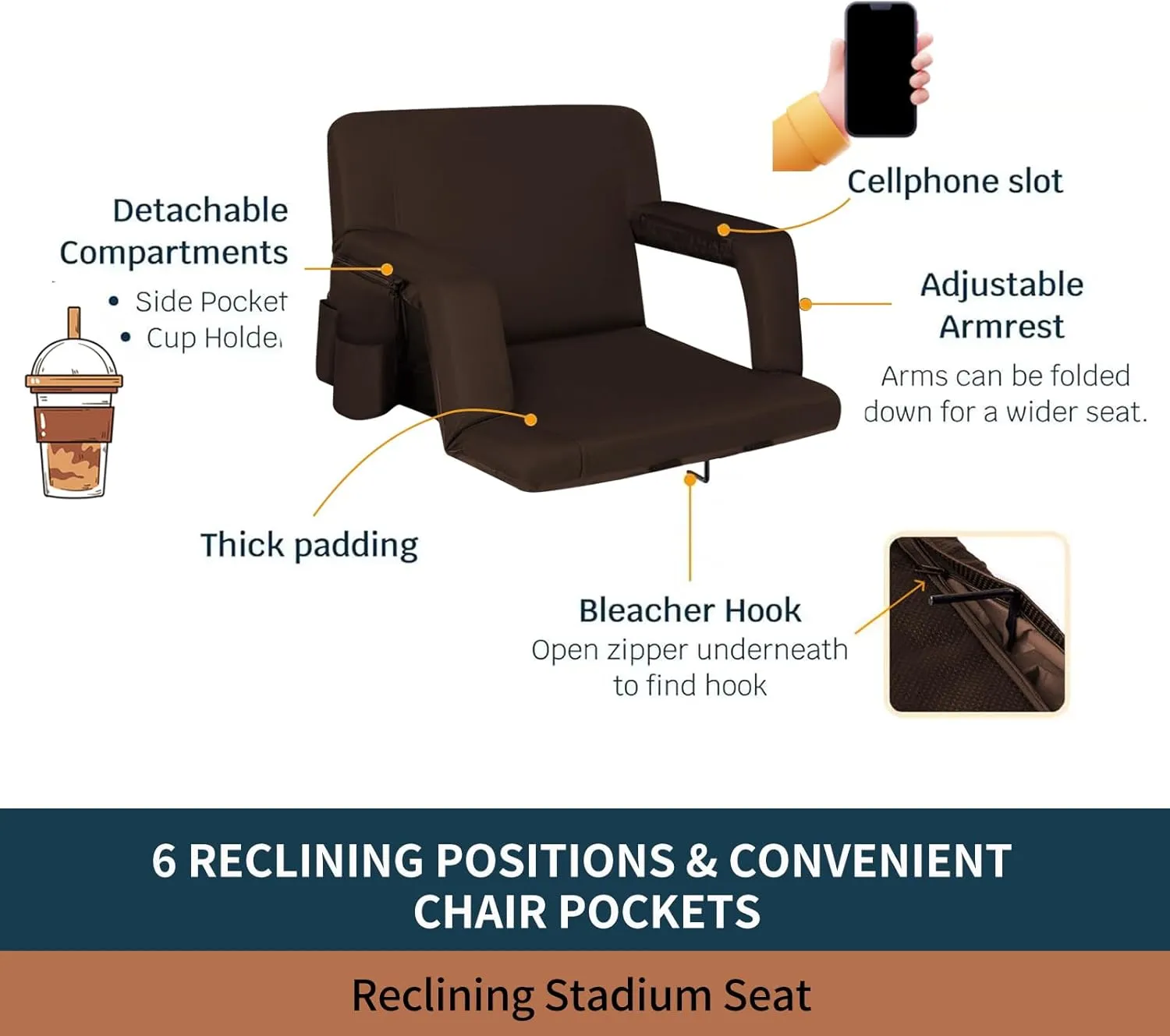 Stadium Bleacher Seats with Back Support, Reclining Chair, Padded Cushion, Armrests(Brown,1-Pack)…