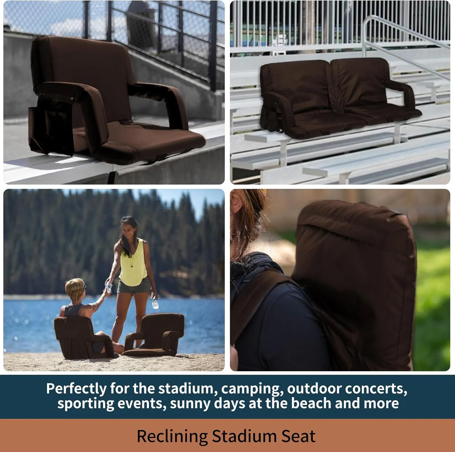 Stadium Bleacher Seats with Back Support, Reclining Chair, Padded Cushion, Armrests(Brown,1-Pack)…